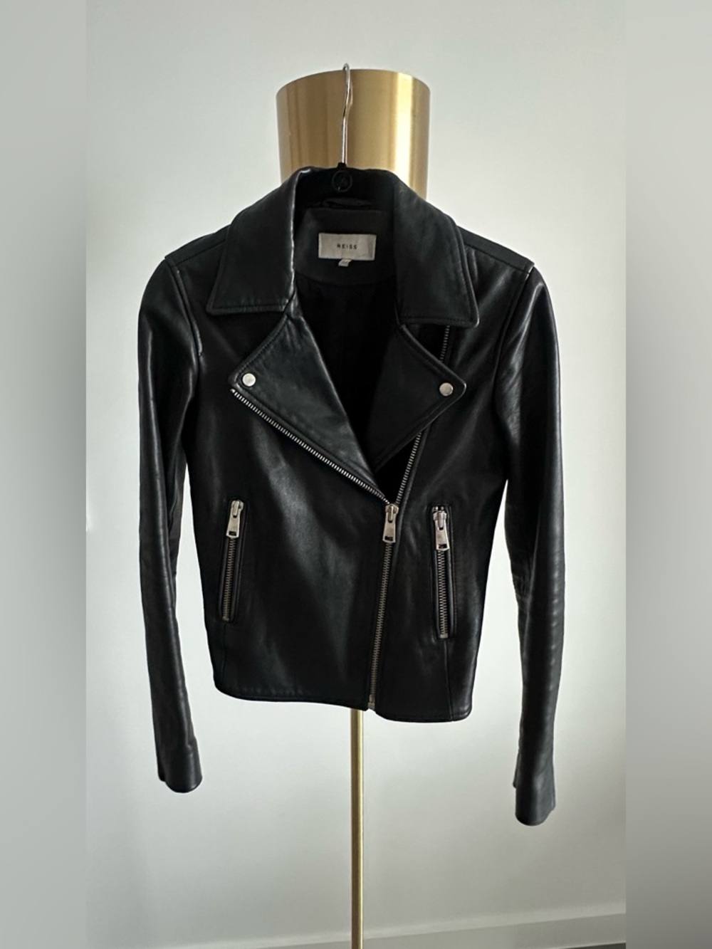 REISS - Black Leather Biker Jacket - size: 0